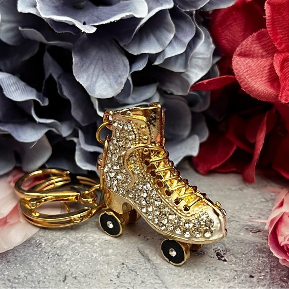 Golden Roller Skate with Silver Crystals Keychain Charm - Picture 2 of 16